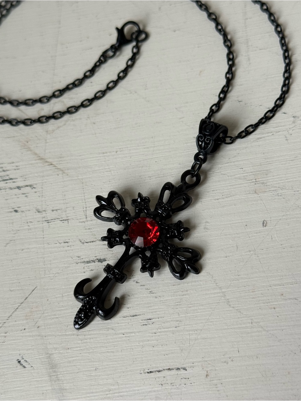 Black Gothic Cross Necklace Red Rhinestone Fleur de Lis Pendant Gothcore Chain - Picture 2 of 3